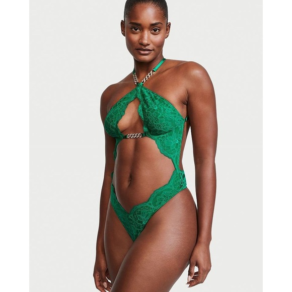 Victoria's Secret Tops - Victoria's Secret Green Lace Cutout Teddy Bodysuit Size L Sexy Gold Chain Glam